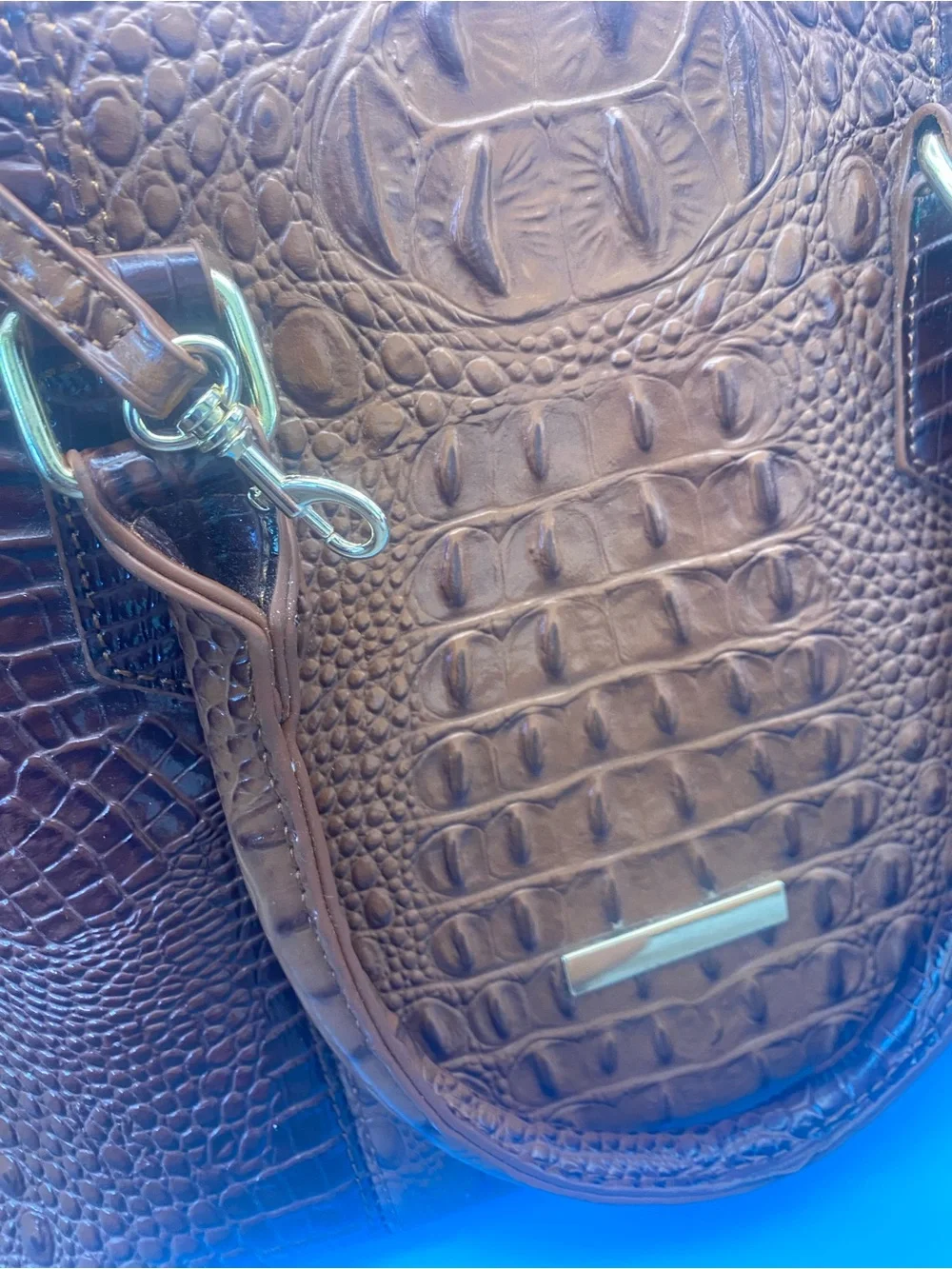 Croc Embossed Brown Leather Satchel Bag Structured Top Handle